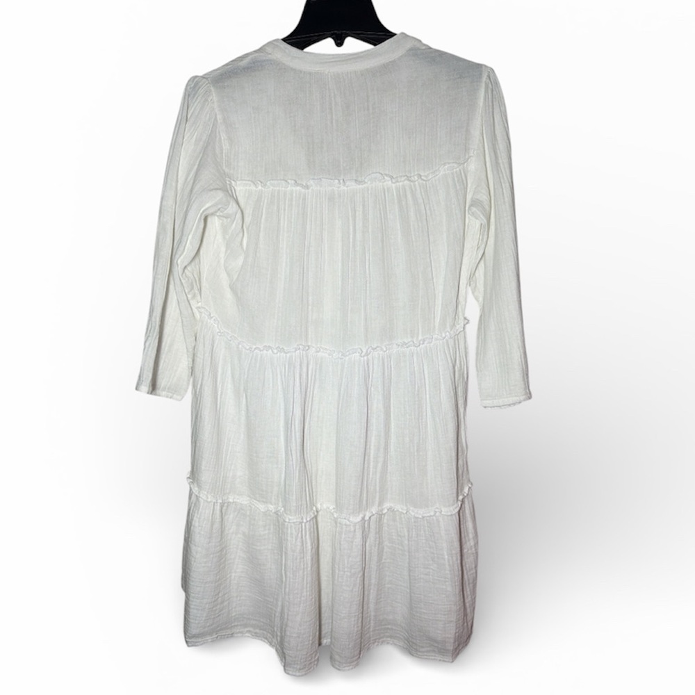 Salty Lemon White Cotton Button 3/4 Length Sleeve Gauze Crinkle Dress Size Large - Picture 2 of 6